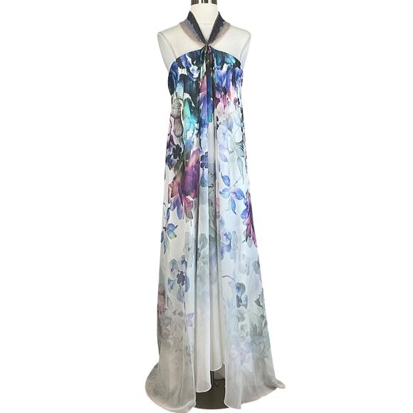 Badgley Mischka Backless Floral Print Beaded Halter Evening Gown White Size 10 - Picture 1 of 15